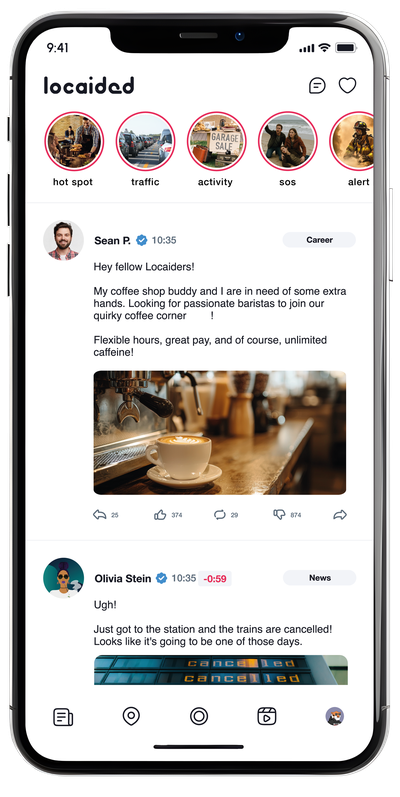 Locaided main feed showing live local posts with category bubbles
